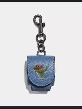 Coach Blue Leather Keychain AirPod case with Skiing Dinosaur REXY